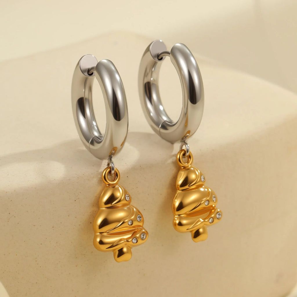 Christmas Tree Heart Earrings in stainless steel with 18K gold electroplating showing heart and star geometric designs
