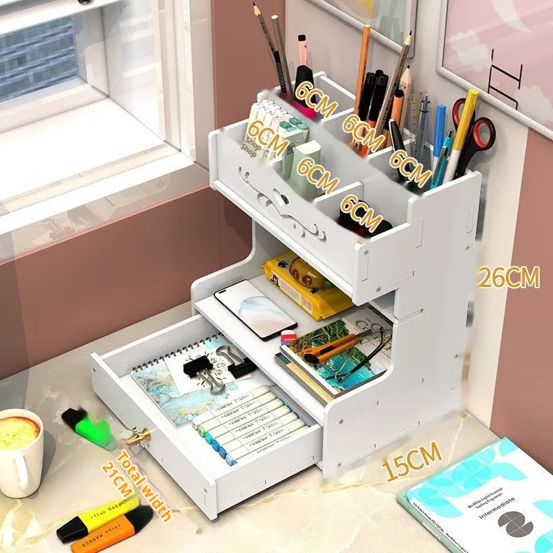Oblique insertion plastic pen holder storage box with multiple grid compartments for organisation.