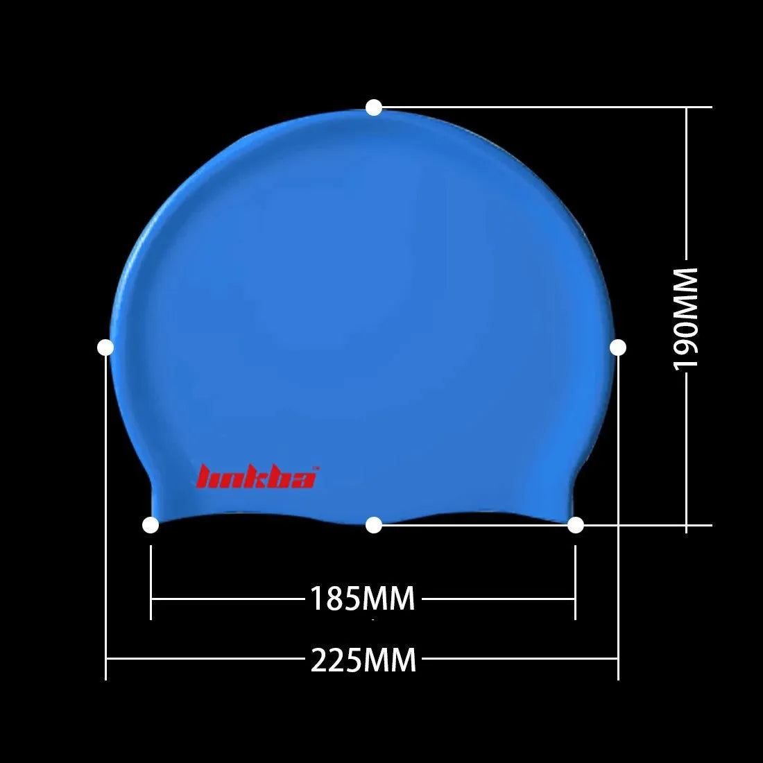 Adult silicone swimming cap with letter pattern in black, shown alongside blue, grey, white, and yellow colour options.