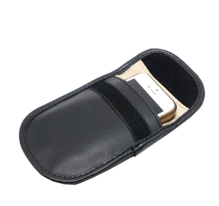 Black microfiber Faraday cage pouch for blocking car key and RFID signals.