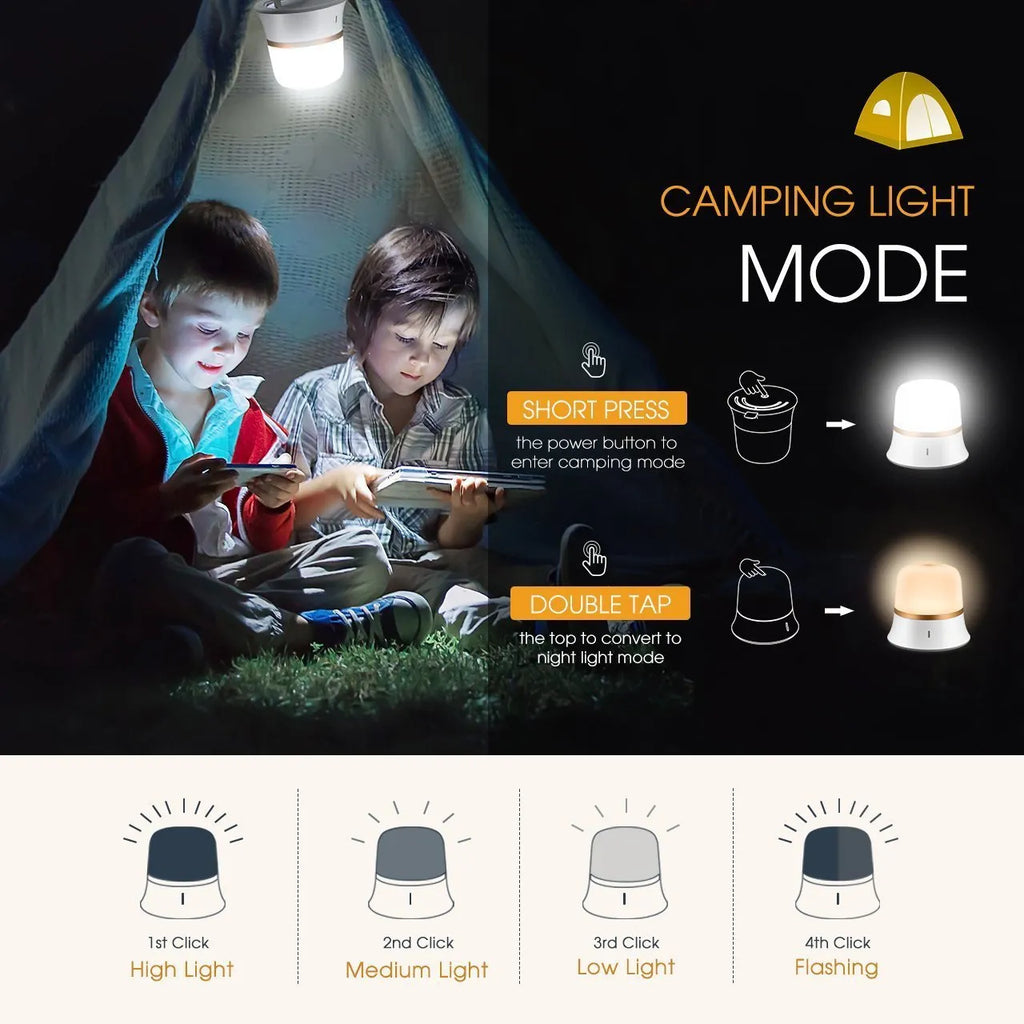 White baby night lamp with touch controls for dimming and colour change on a bedside table.