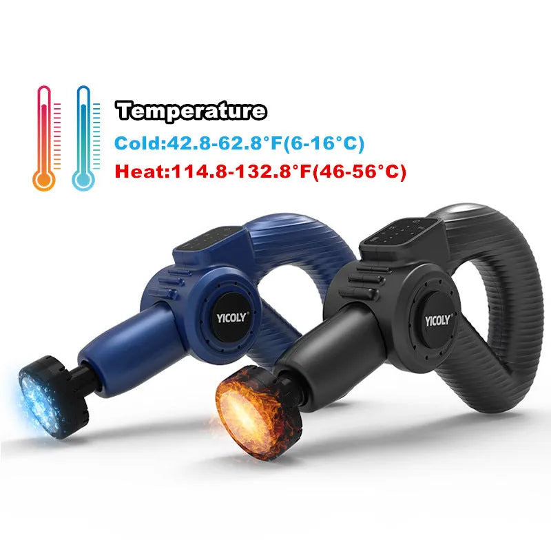Black smart muscle massage gun with hot and ice compress modes and five massage heads