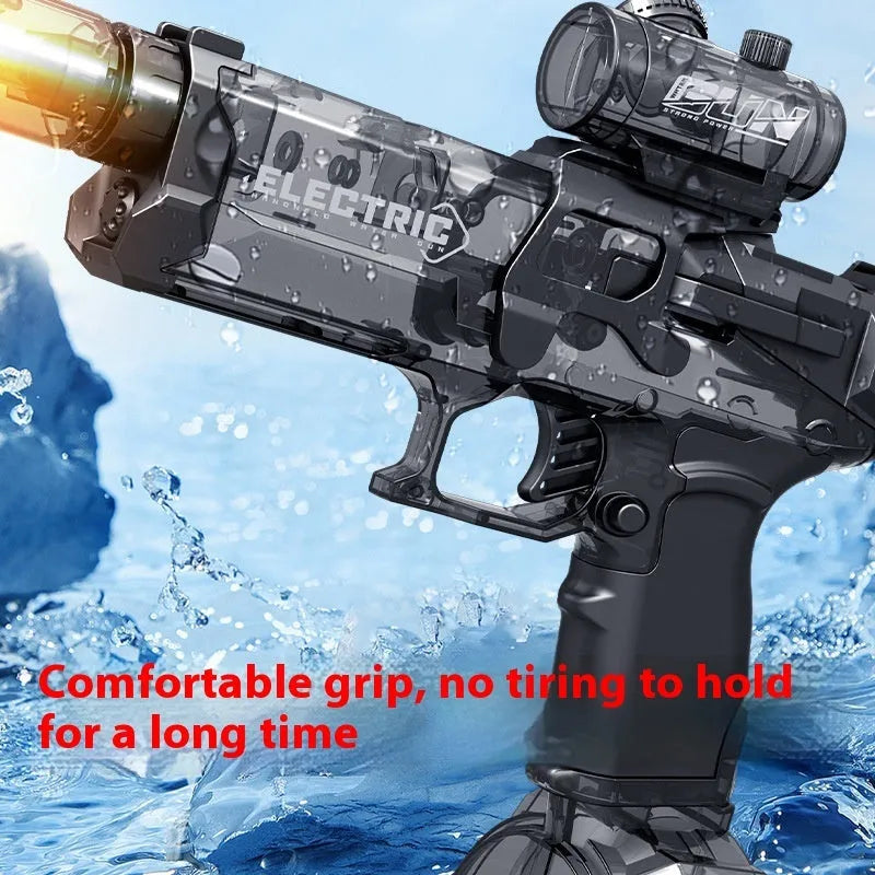 Fire Rat electric water pistol in black showing automatic drum magazine and USB charging port for outdoor summer water fights