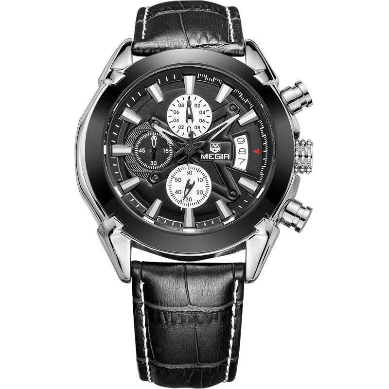 Men's multifunctional quartz chronograph watch with three sub-dials and luminous markers