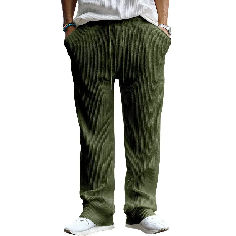 Men's striped high-waist straight-leg casual trousers in army green laid flat