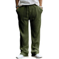 Men's striped high-waist straight-leg casual trousers in army green laid flat