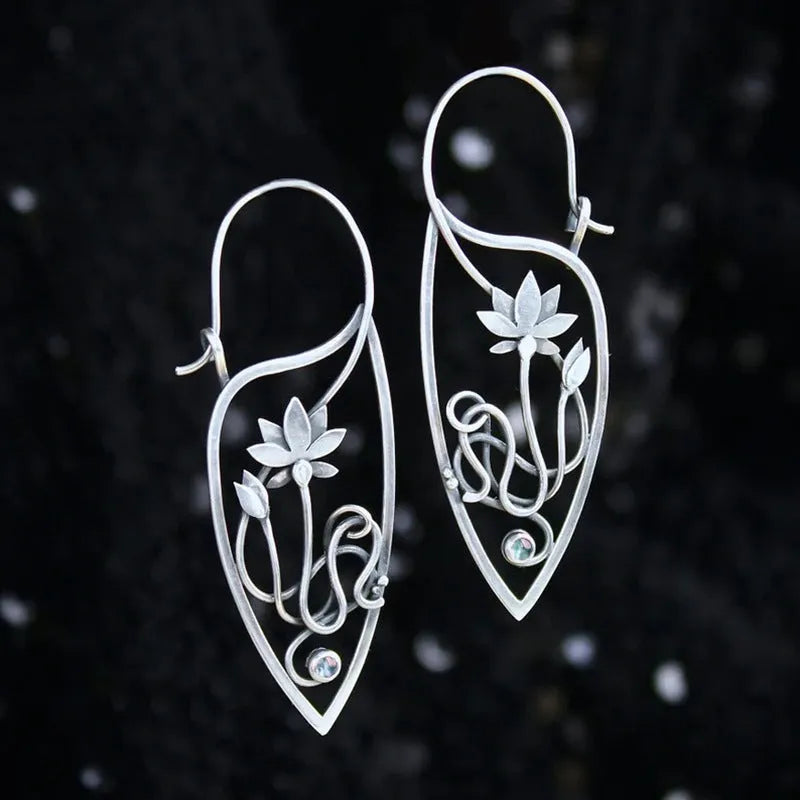 Silver retro style alloy earrings with lotus vine and geometric flower design featuring round rhinestones
