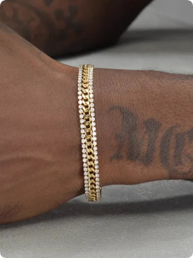 Gold-coloured titanium steel tennis bracelet with stone inlay for men and women