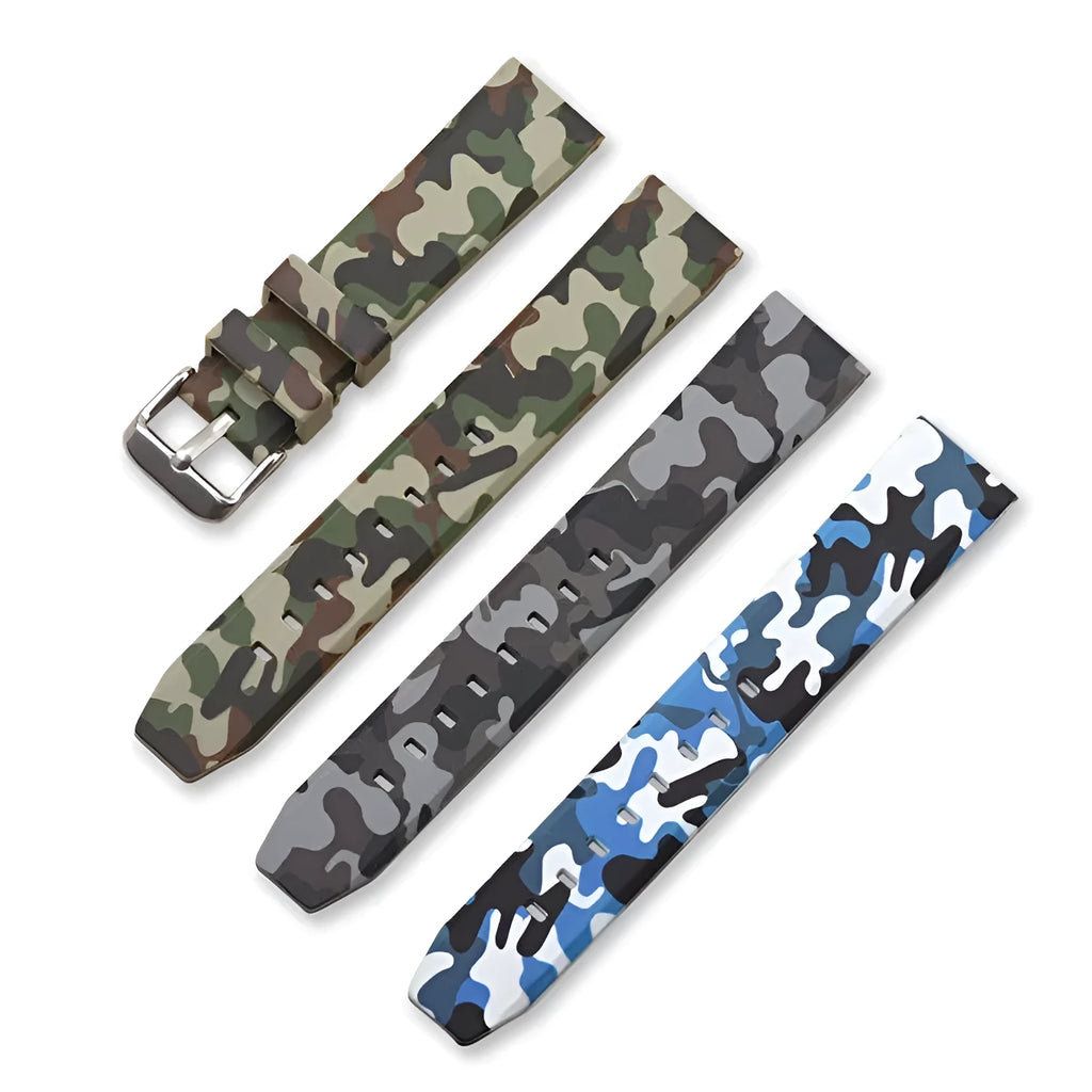 Camouflage silicone watch strap with flat head design available in green blue and grey for 20mm 22mm 24mm watches