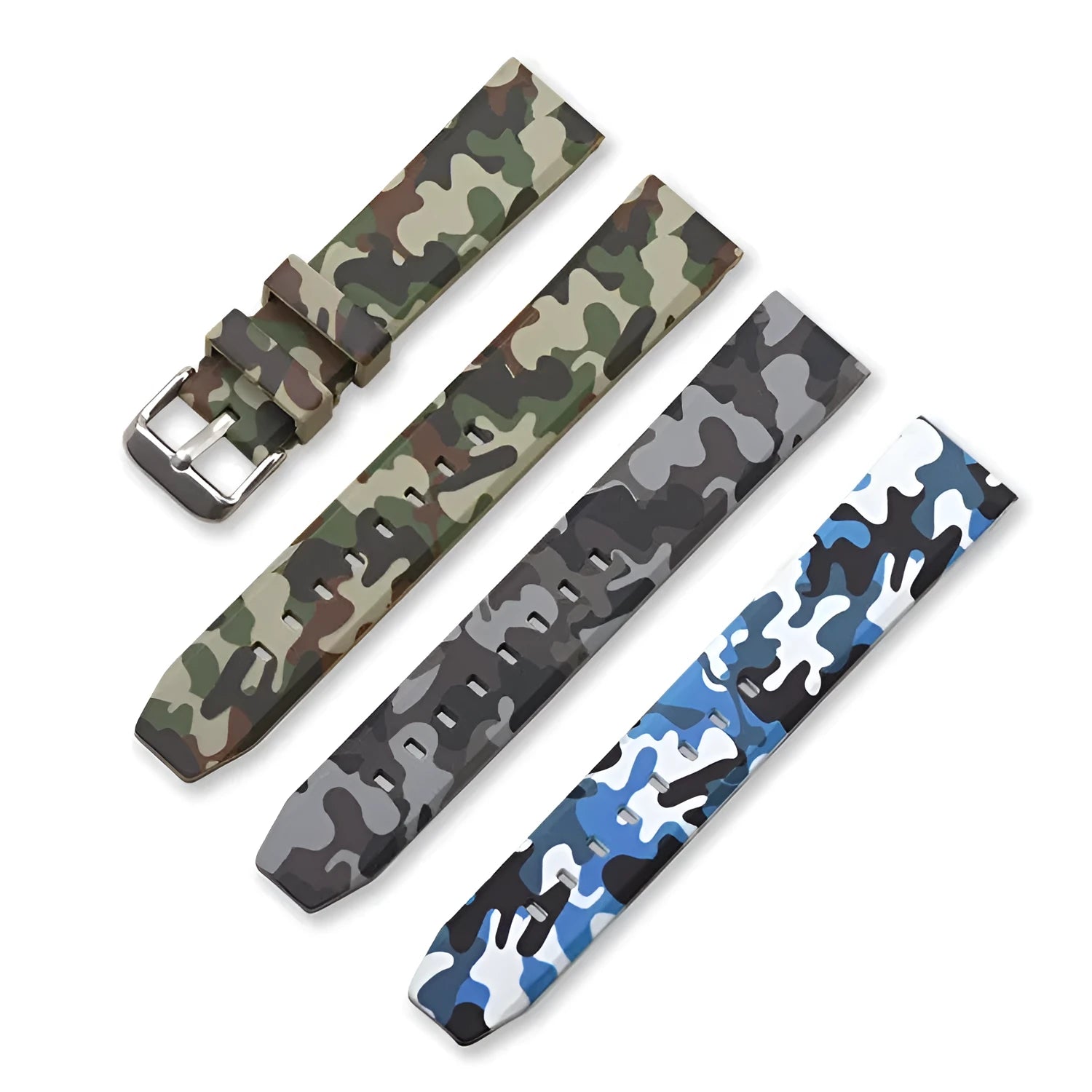 Camouflage silicone watch strap with flat head design available in green blue and grey for 20mm 22mm 24mm watches