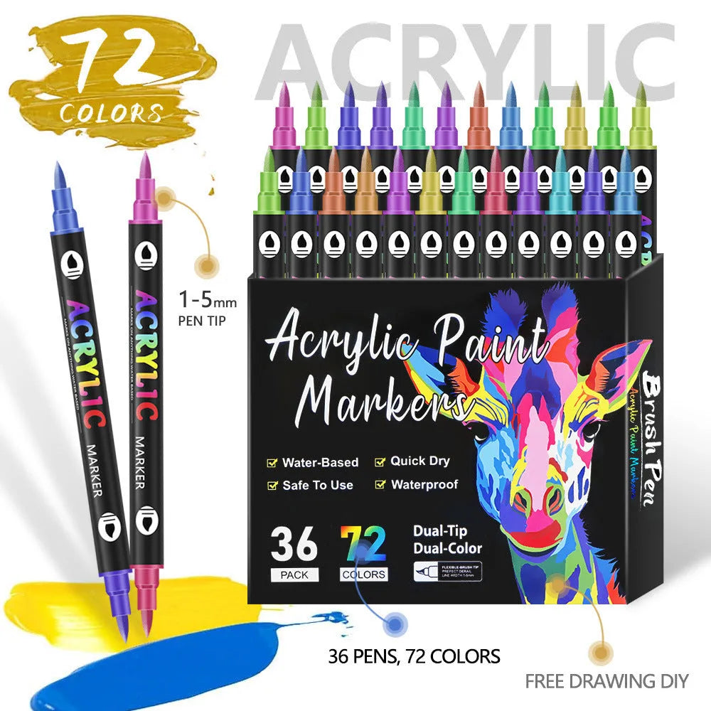 Set of double-headed acrylic marker pens showing fine and broad tips with opaque washable colours