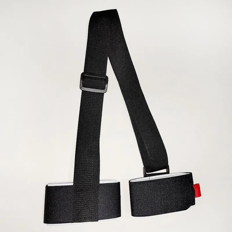 Adjustable hook and loop shoulder strap for carrying two skis or snowboards