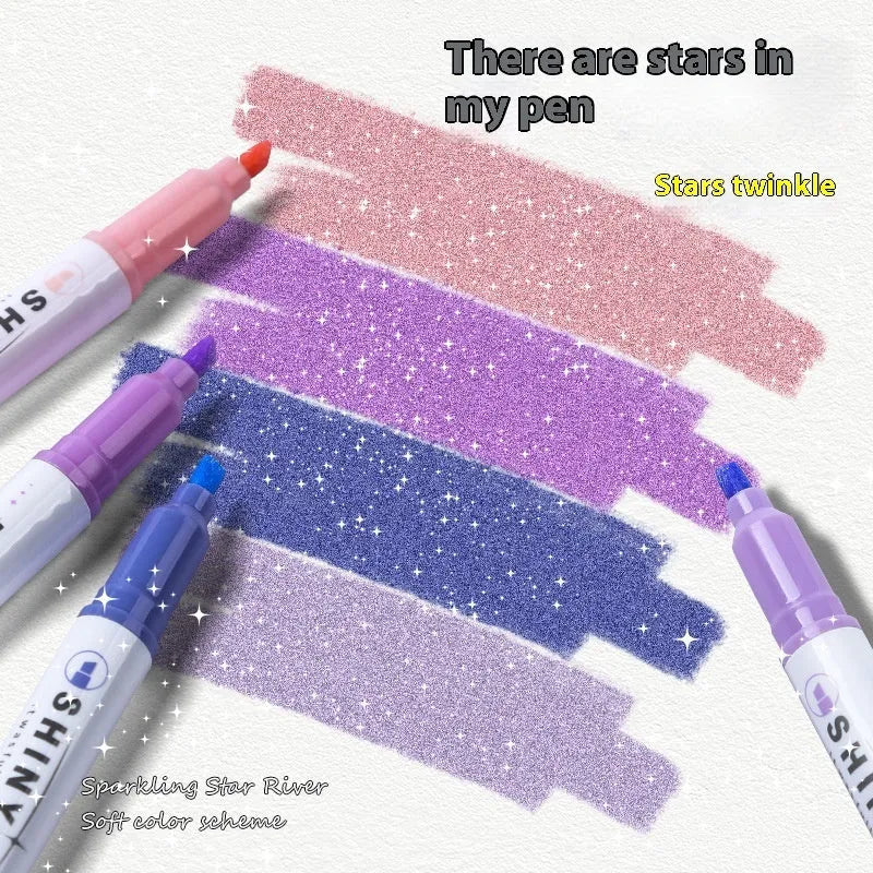 Four glitter fluorescent highlighter pens with 4mm slanted tips in pastel colours including taro and peach shades