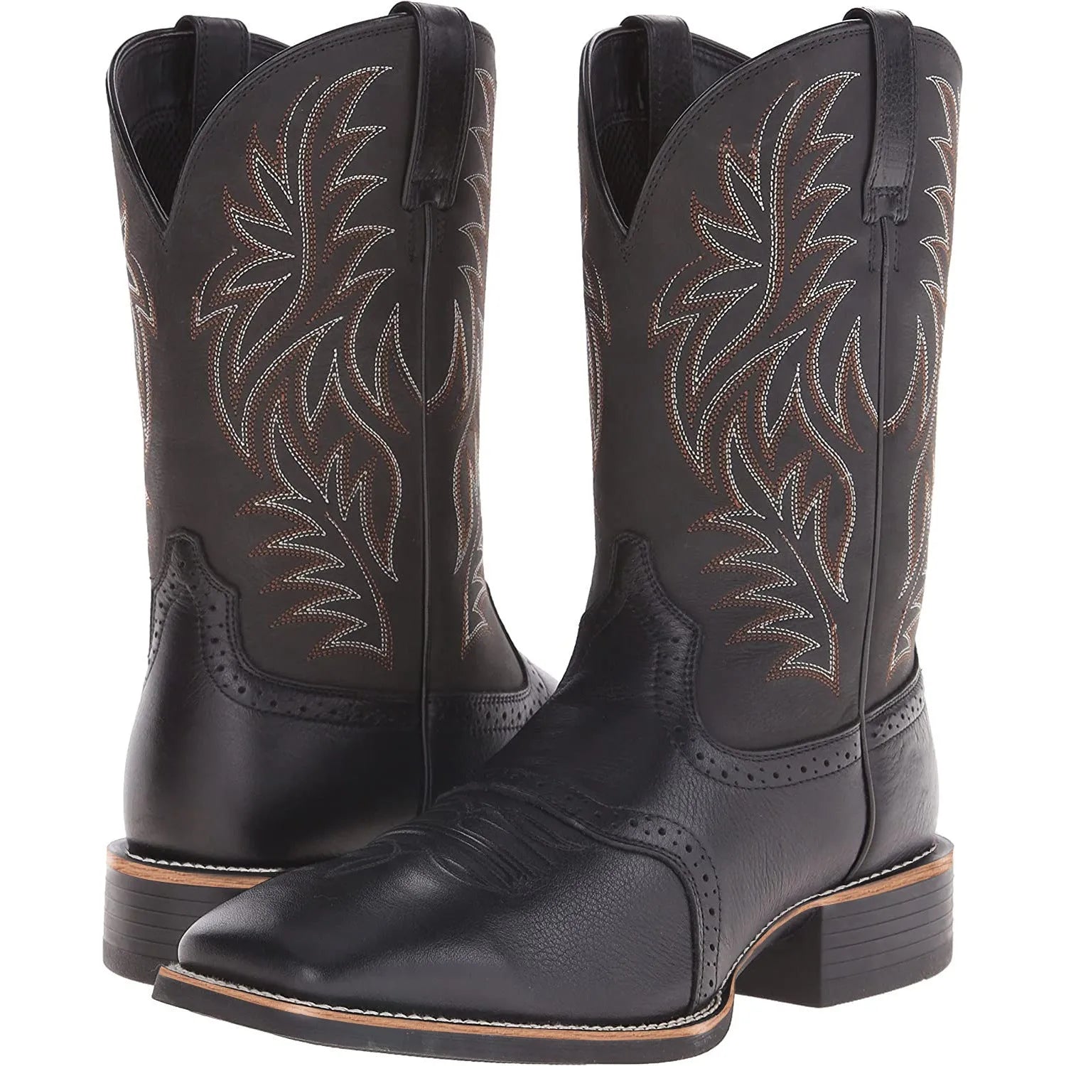 Men's black Western cowboy boot with high embroidery stitching on a wide square toe and high shaft.