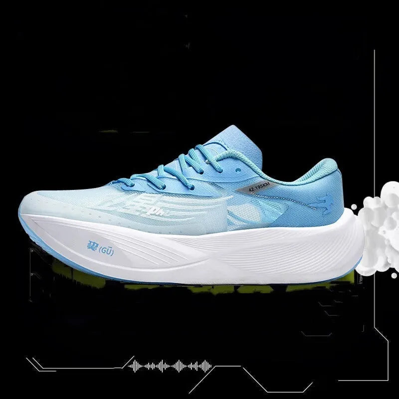 Low-top carbon plate running sneaker in various colours with natural rubber sole and lace-up design.