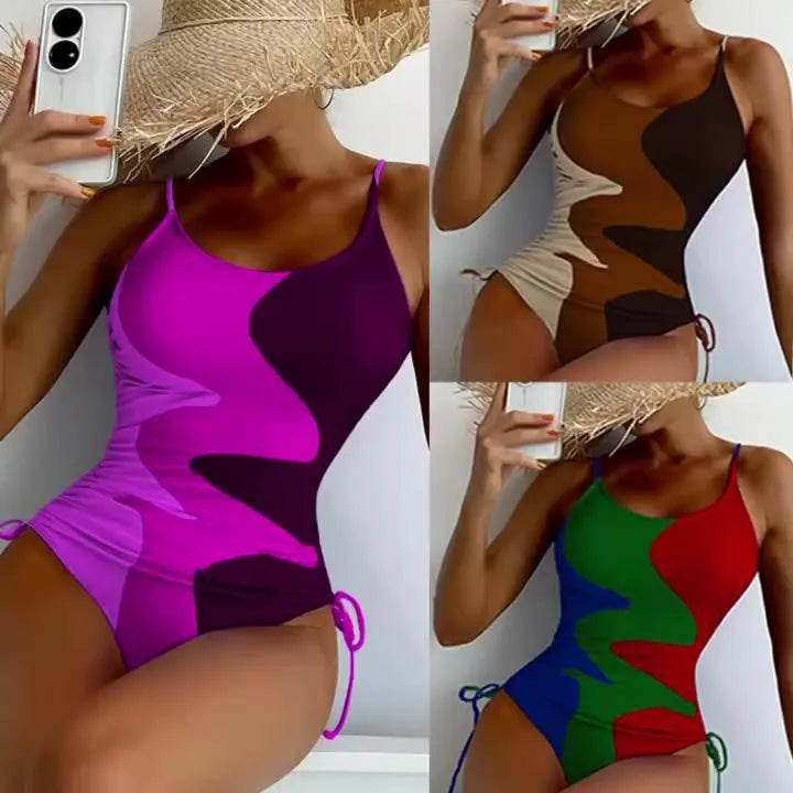 Women's sleeveless backless one-piece swimsuit in blue, purple, brown, or green with solid or striped pattern