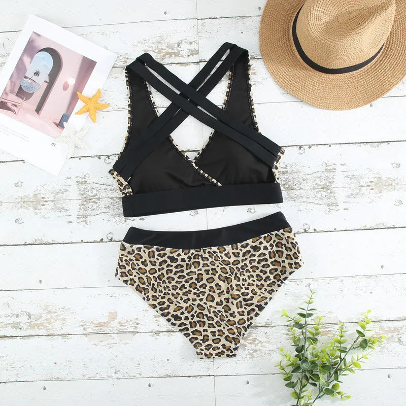 Women's leopard print bikini swimsuit with V-neck and cross banded design