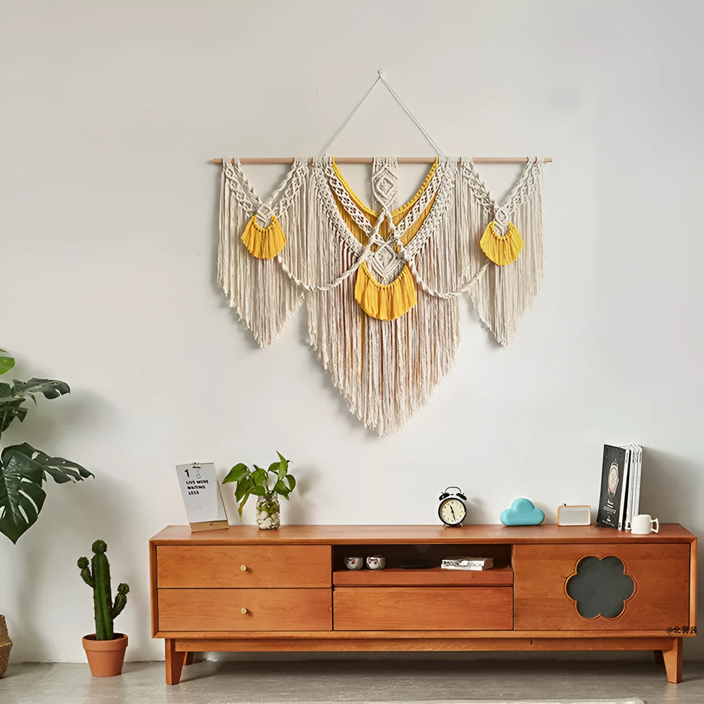 Hand-made creamy white cotton Nordic tapestry wall hanging, rectangular 120cm by 95cm.