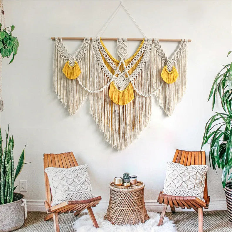 Hand-made creamy white cotton Nordic tapestry wall hanging, rectangular 120cm by 95cm.