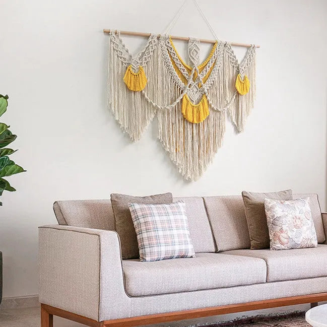 Hand-made creamy white cotton Nordic tapestry wall hanging, rectangular 120cm by 95cm.