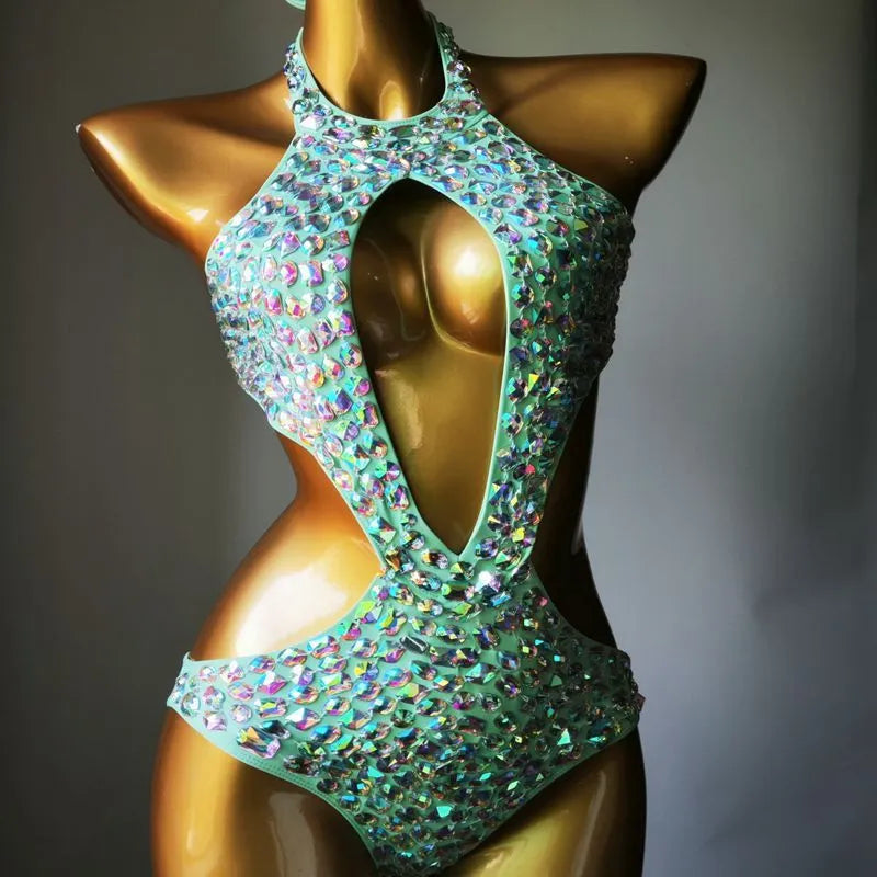 Women's one-piece swimsuit with mesh diamond pattern in Army Green colour.