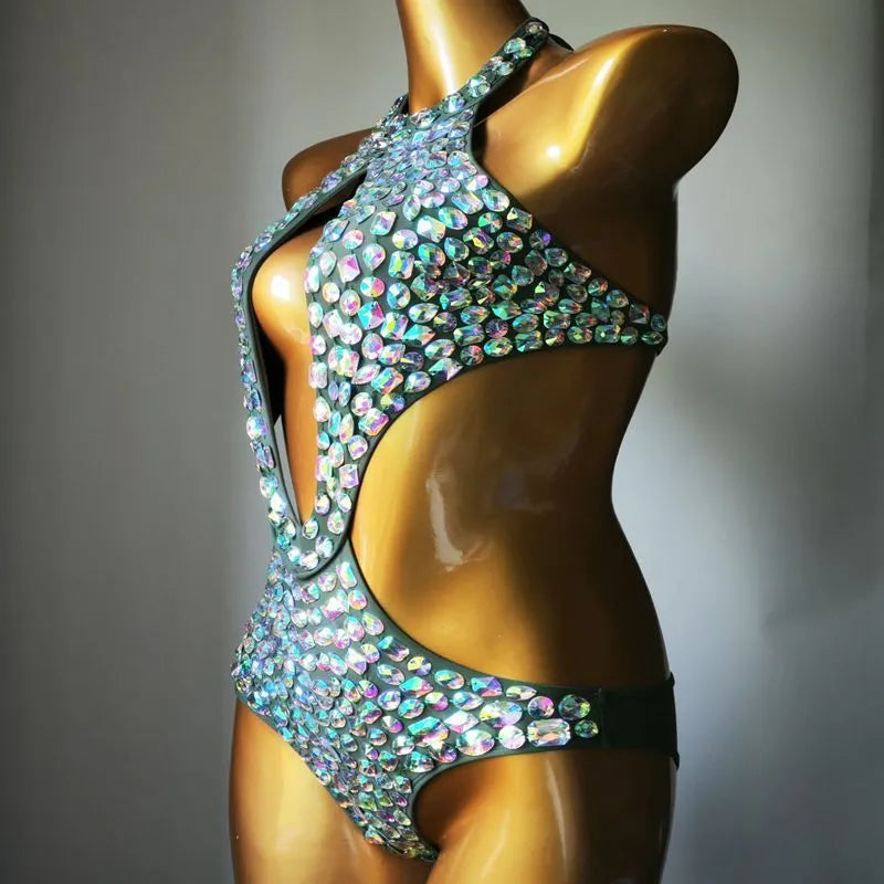 Women's one-piece swimsuit with mesh diamond pattern in Army Green colour.