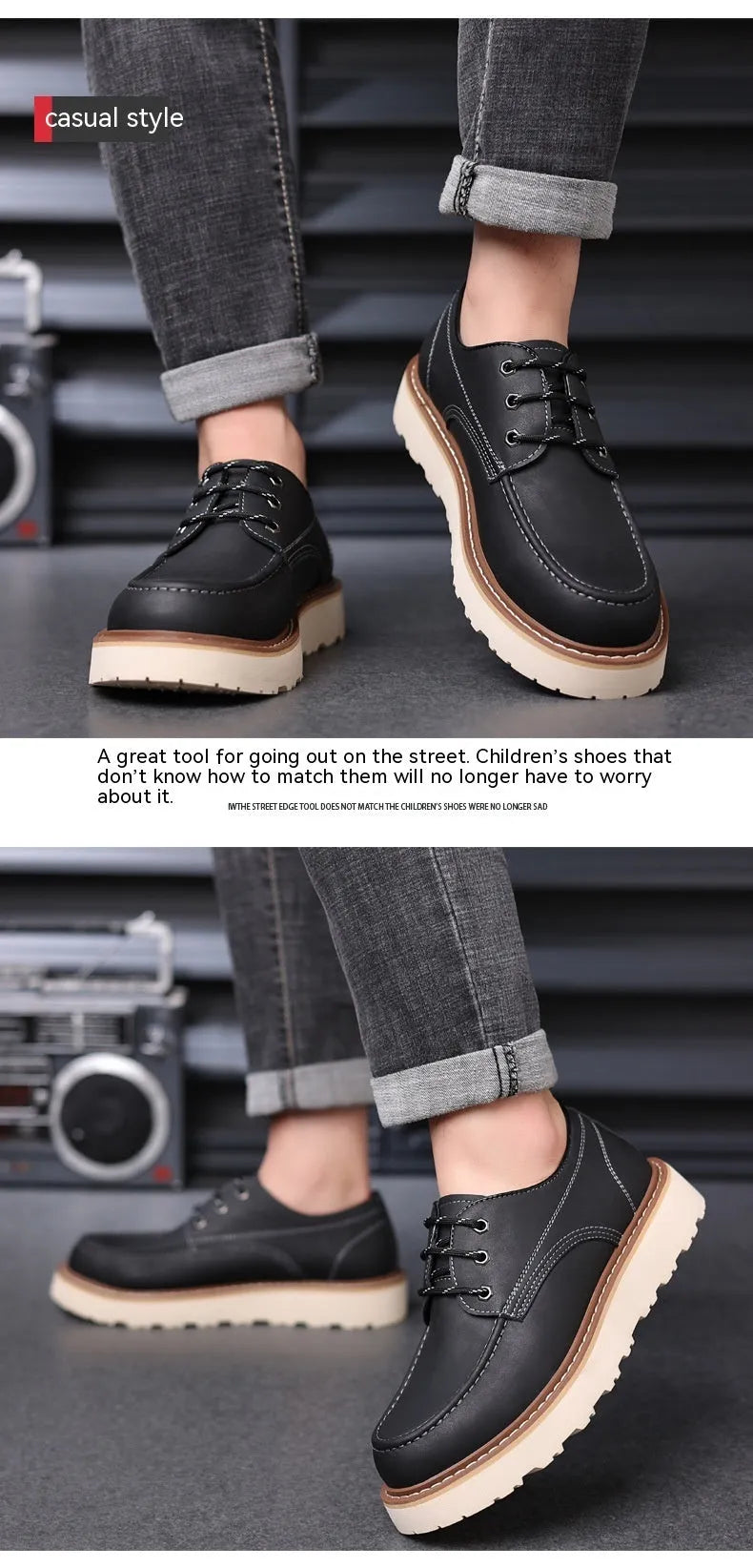 Men's black retro low-top Martin boots with a rounded toe and rubber sole on a plain background.
