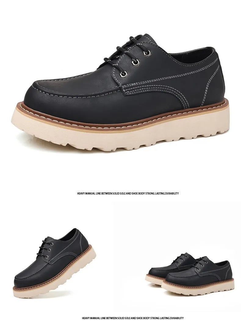 Men's black retro low-top Martin boots with a rounded toe and rubber sole on a plain background.