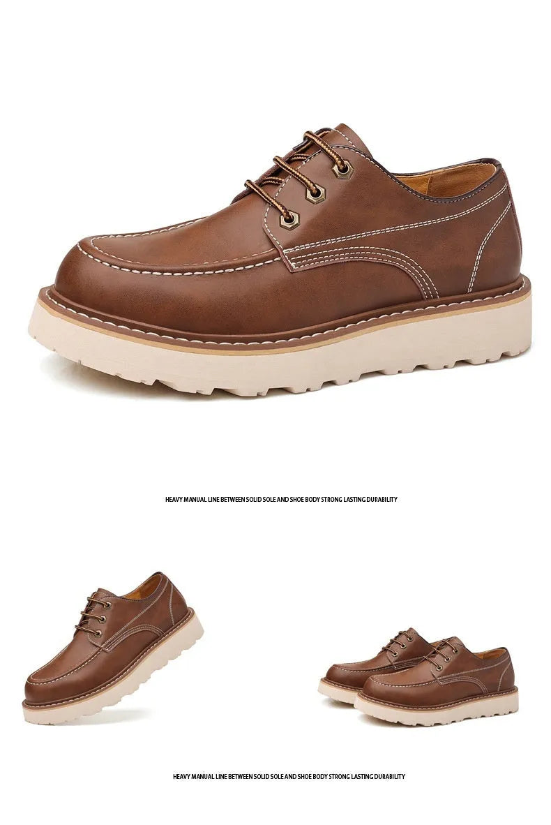 Men's black retro low-top Martin boots with a rounded toe and rubber sole on a plain background.