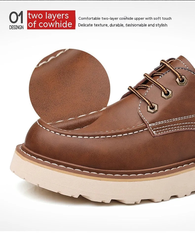 Men's black retro low-top Martin boots with a rounded toe and rubber sole on a plain background.