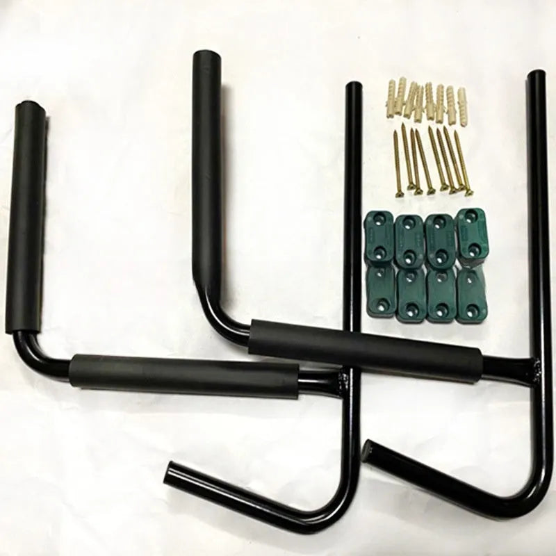 Carbon steel kayak and surfboard wall storage rack mounted on a wall