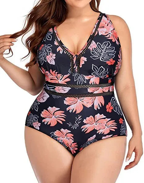 Black print plus size women's polyester bikini swimsuit with mesh fabric