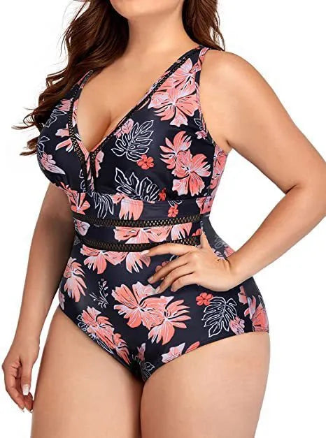 Black print plus size women's polyester bikini swimsuit with mesh fabric