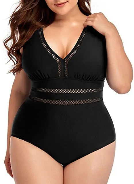 Black print plus size women's polyester bikini swimsuit with mesh fabric