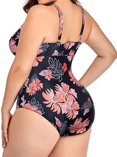 Black print plus size women's polyester bikini swimsuit with mesh fabric