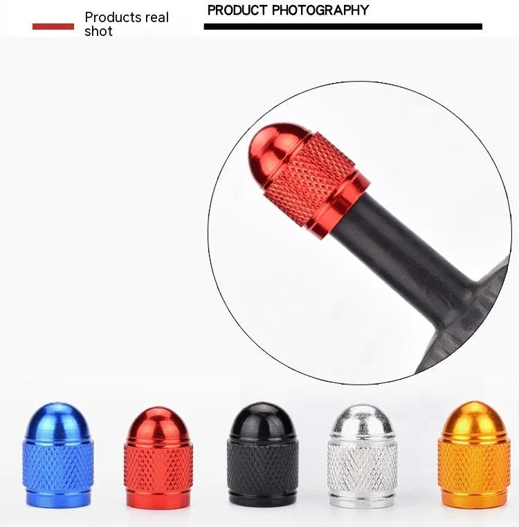 Aluminium alloy mountain bike tyre valve cap in gold, silver, red, blue, and black colours.