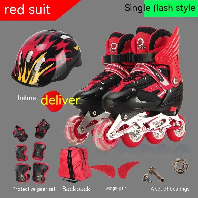 Yellow children's adjustable inline skates with aluminium frame, foam wheels, and full protective gear set including helmet.
