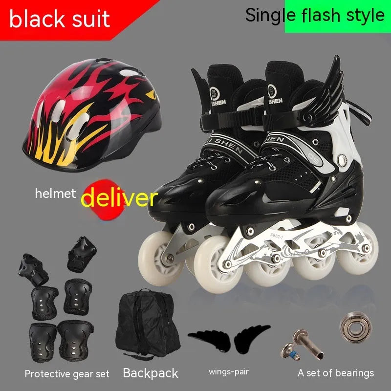 Yellow children's adjustable inline skates with aluminium frame, foam wheels, and full protective gear set including helmet.