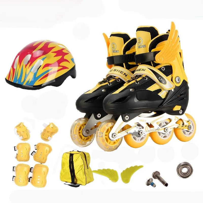 Yellow children's adjustable inline skates with aluminium frame, foam wheels, and full protective gear set including helmet.
