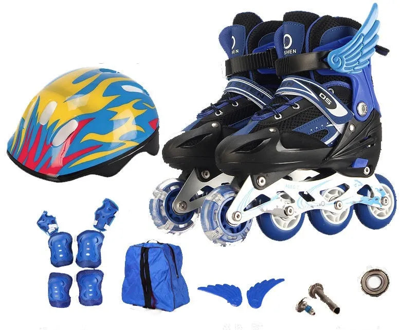 Yellow children's adjustable inline skates with aluminium frame, foam wheels, and full protective gear set including helmet.