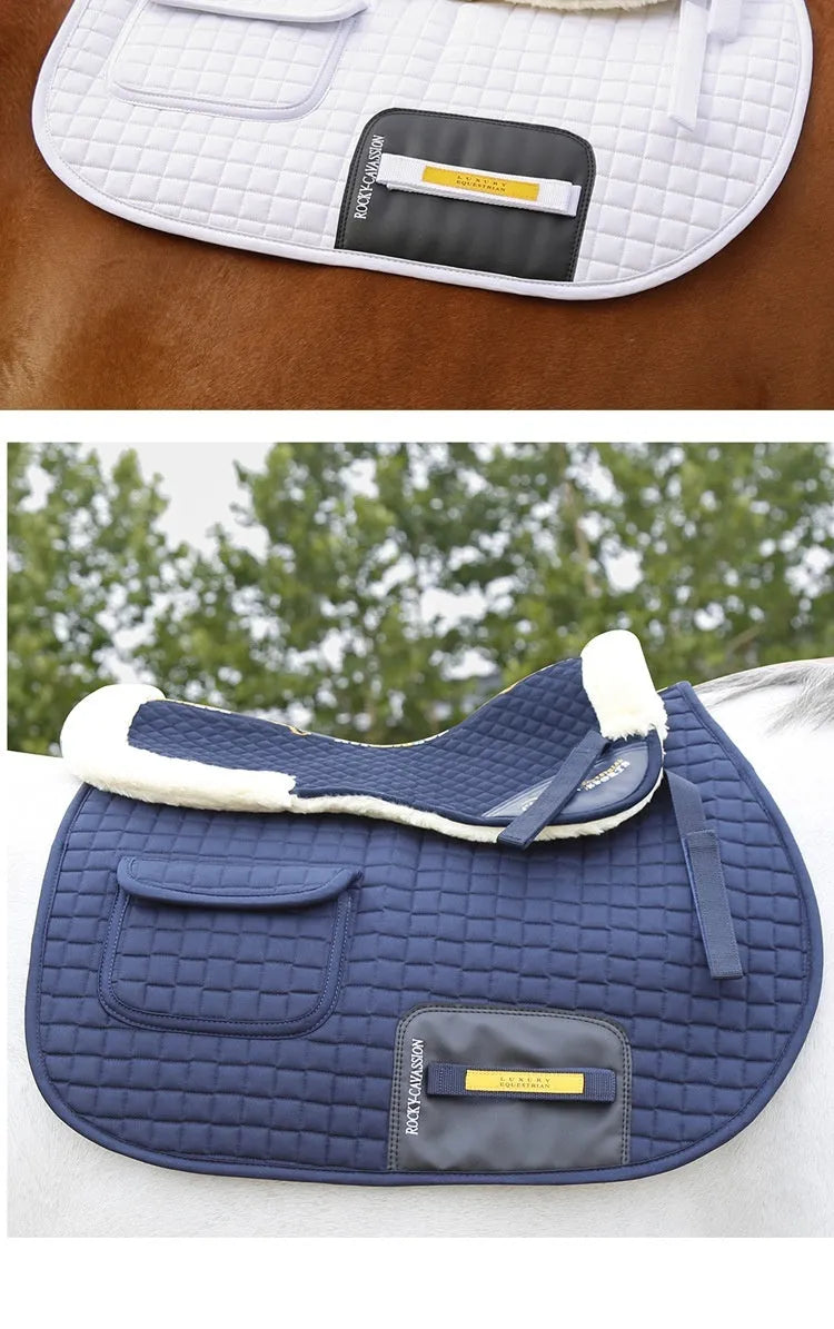 Wool riding saddle pad for equestrian and cycling with shock absorption and waist protection