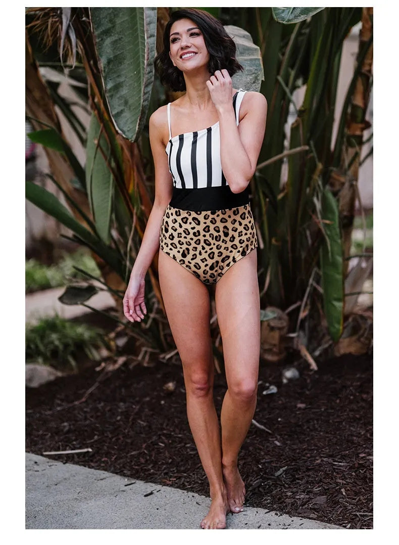 Women's leopard print one-piece swimsuit with asymmetric collar and high-waist triangle brief cut