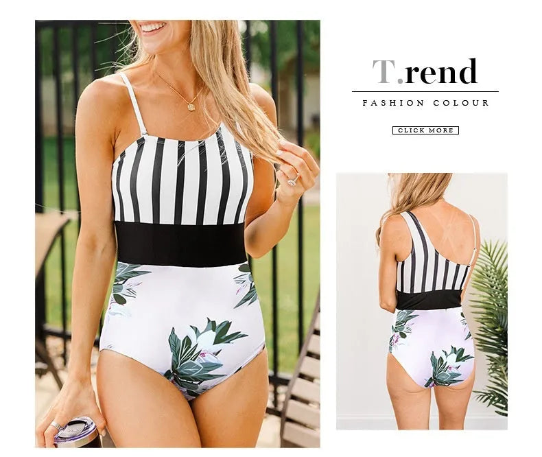 Women's leopard print one-piece swimsuit with asymmetric collar and high-waist triangle brief cut