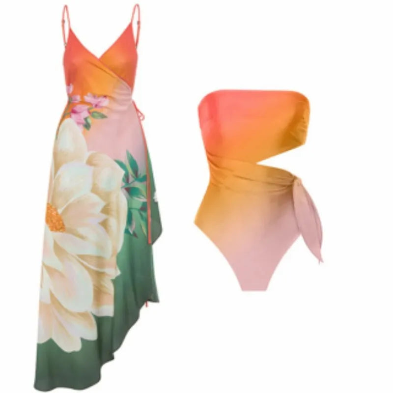 Women's French-style retro printed one-piece swimsuit with quick-drying polyester fabric