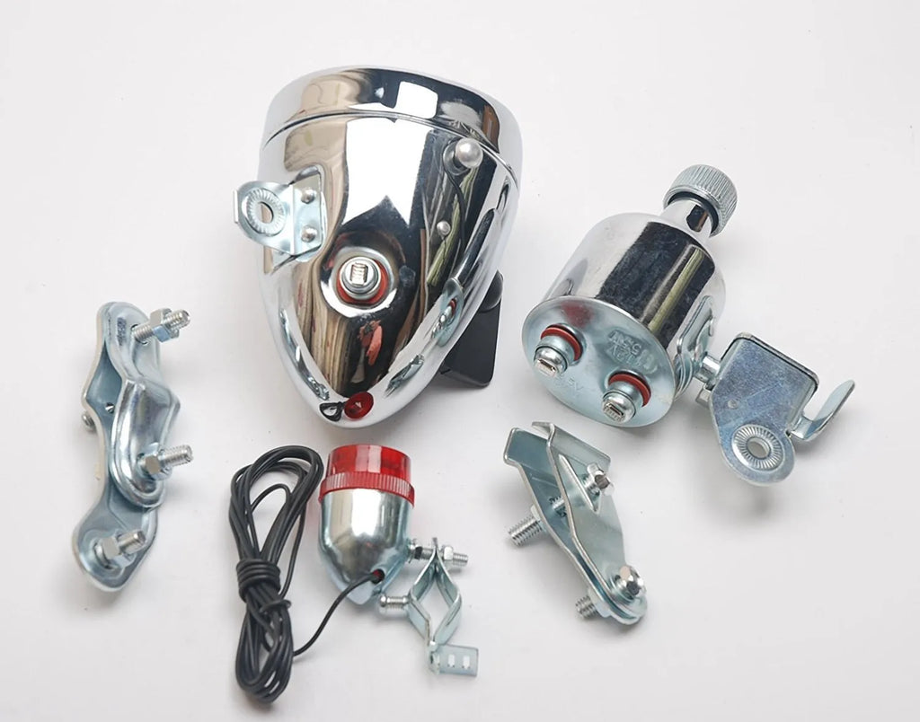 Silver aluminium bicycle dynamo generator light kit with wiring for headlight and tail light connections