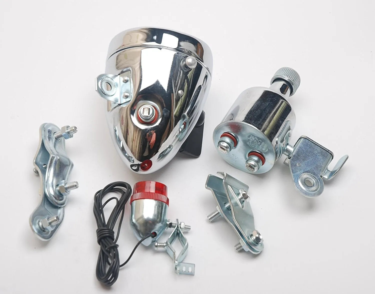 Silver aluminium bicycle dynamo generator light kit with wiring for headlight and tail light connections