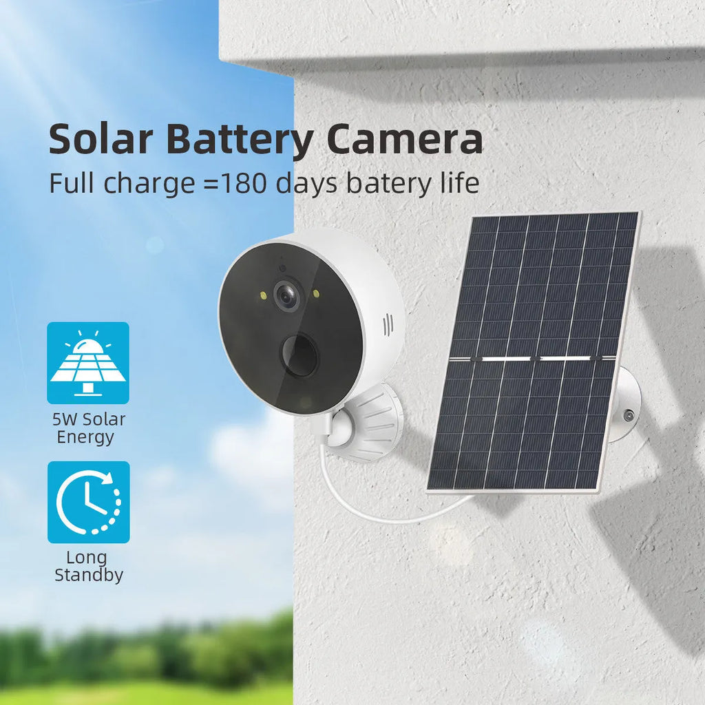 Solar-powered outdoor security camera with 1080P resolution and separate solar panel for continuous charging