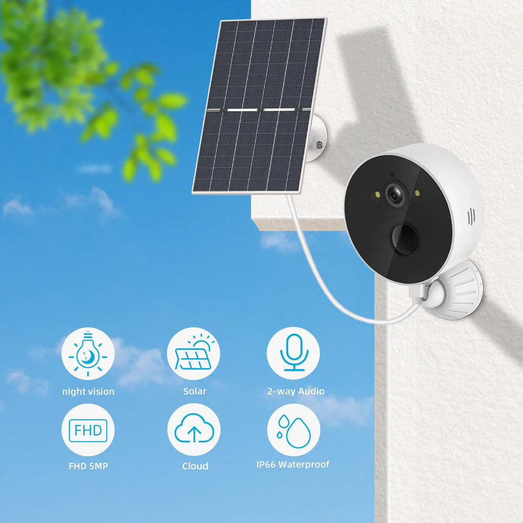 Solar-powered outdoor security camera with 1080P resolution and separate solar panel for continuous charging