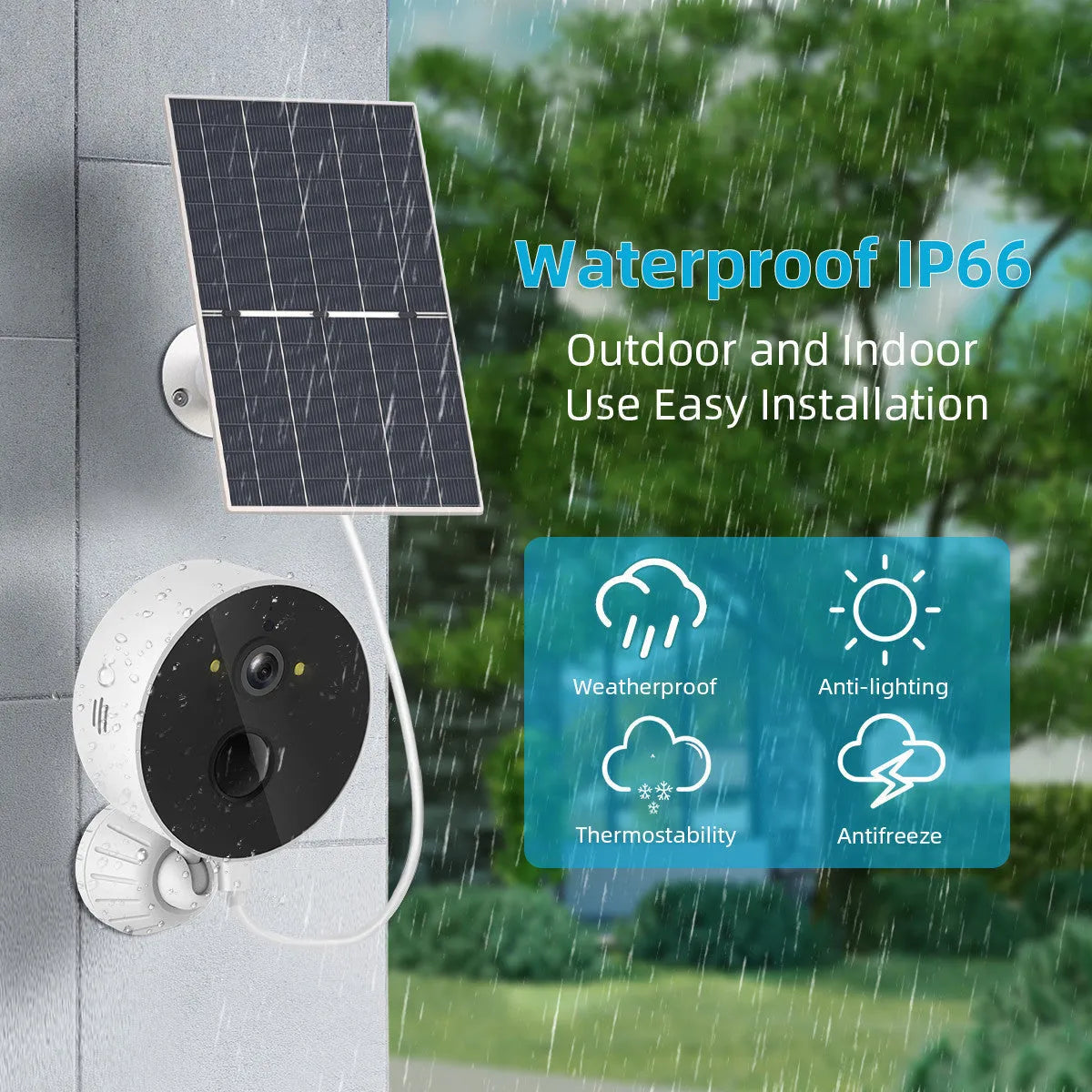 Solar-powered outdoor security camera with 1080P resolution and separate solar panel for continuous charging