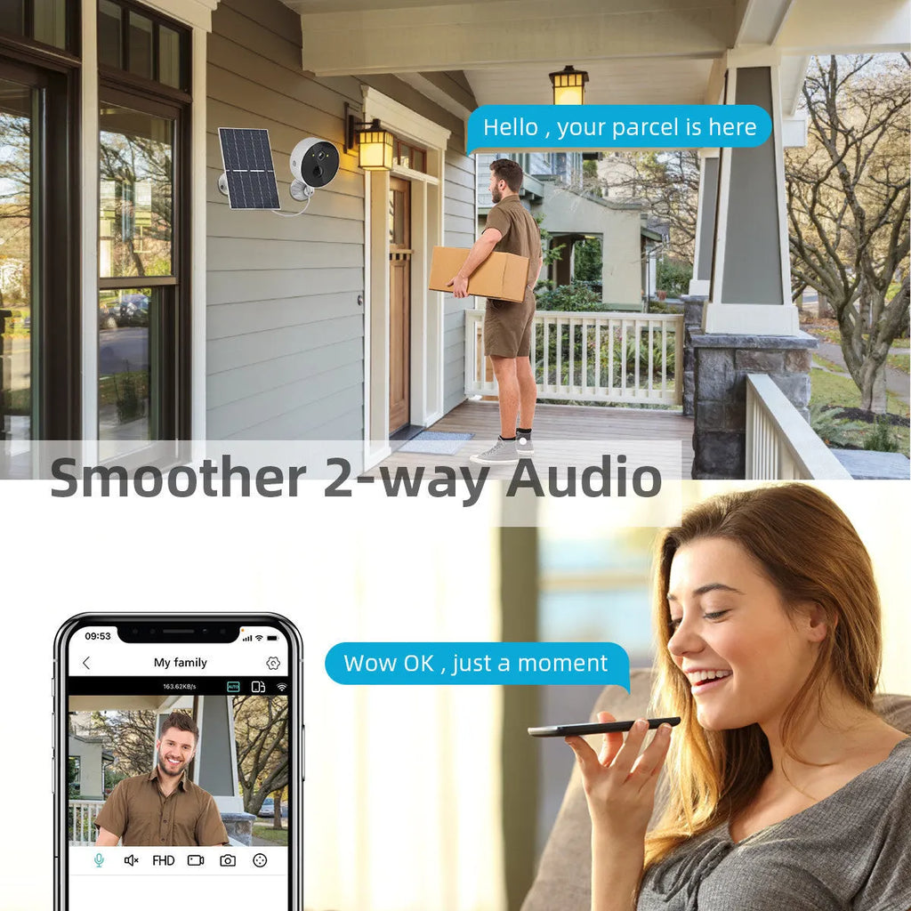 Solar-powered outdoor security camera with 1080P resolution and separate solar panel for continuous charging